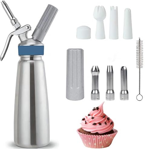 Keyoung Whip Sahnespender 500ml,hochwertiger Edelstahl mit 6 Deko-Düsen und 1 Reinigungbürste,Sahnespender für Sahne, Dessert & herzhafte Dips,Spülmaschinenfest