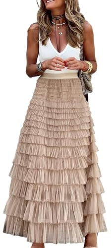 Long Tulle Skirt for Women Trendy High Waisted A Line Fluffy Fairy Mesh Layered Ruffle Skirt(Khaki, L)