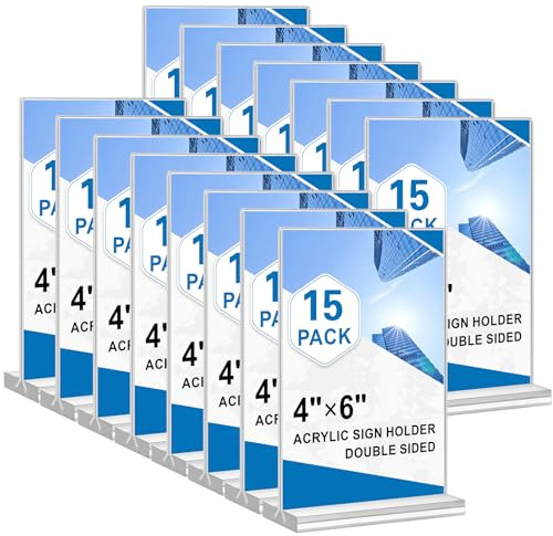 Acrylic Sign Holder 4x6, 15 Pack Clear Double Sided Menu Vertical Display Stand, Desktop Paper Holder Suitable for Restaurants, Office, Store, Show Fair