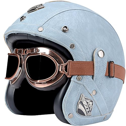 Casco de Cara Abierta para Motocicleta, Medio Casco Aprobado por ECE con Gafas, Cuero Casco De Motocicleta, Estilo Retro Vintage, Casco de Motor Jet para Hombres Y Mujeres