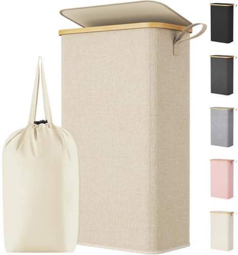 Lifewit Tvättkorg med Lock, Smal Tvättkorg, Laundry Basket med Bambu Ram och Avtagbar Påse och Handtag, För Sovrum, Badrum, Tvättstuga, 75L, Beige