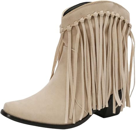 rismart Femmes Cowboy Chevilles Bottines Frangées Large Mollet Petit Bout Carré Western Bootie Beige, 40 EU