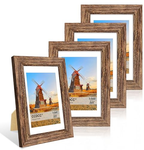 ccdcc 4x6 Picture Frame Set of 4, 4 x 6 Wood Photo Frames with Mat for 3.5x5, Natural Wooden Frame with Real Glass Cover for Wall and Tabletop Display,Rustic Brown
