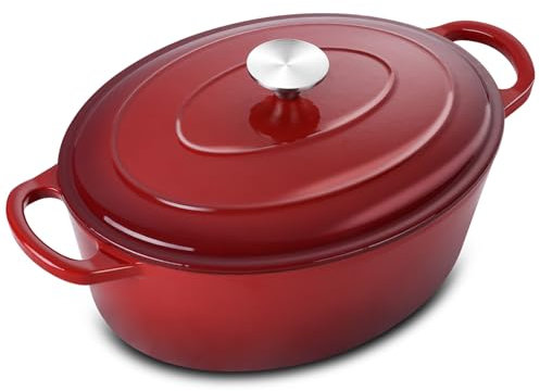 Leonyo – Cocotte ovale en fonte émaillée de 5 litres avec couvercle, pour briser le pain au levain, cocotte robuste pour braiser, ragoûts, rôtir, rouge