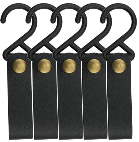 Mfingey Leder-S-Haken, Outdoor-Lederhaken, Lederriemen mit Haken zum Aufhängen, Outdoor-Campingausrüstung, Kleidung, Werkzeug, Schlüssel, Schwarz, 5 Stück