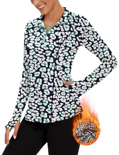 Soneven Long Sleeve Thermal Fleece Golf Polo Shirts for Women Stand Up Collar Tops with Thumb Holes Pocket for Cold Weather(121-Blue Leopard, Small)