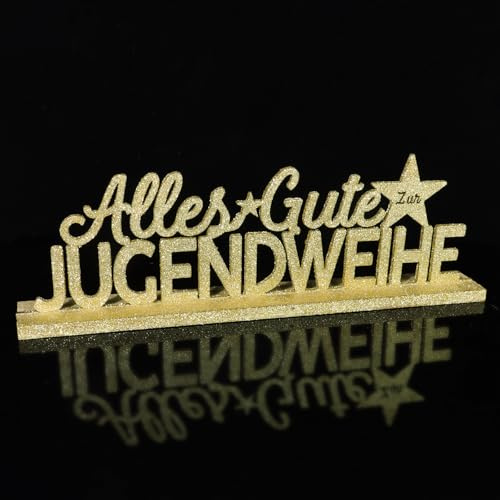 BETESSIN Jugendweihe Deko Gold Glitzer - Alles Gute zur Jugendweihe Holzschriftzug mit Basis - Jugendweihe Tischdeko Holz - Jugendweihe Geschenke für Junge und Mädchen