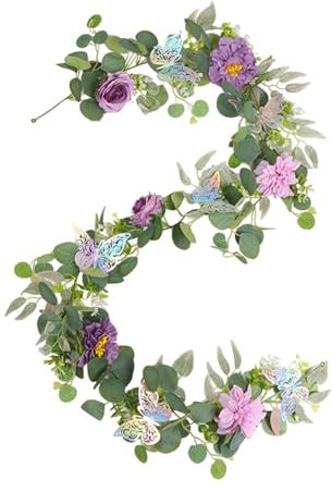 Baoblaze Künstliche Pfingstrosen-Girlande, Rosen- und Pfingstrosen-Blumenranke, lebensechte Blumengirlande, Simulation grüner Girlande für Festival-Hochzeit, Lila