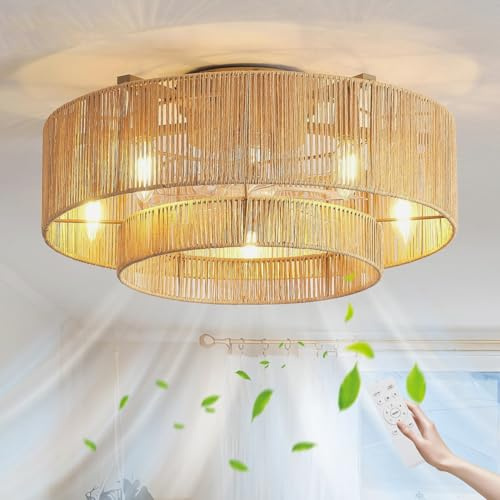 KZT Rattan Ceiling Fan with Lighting and Remote Control E27 Ceiling Light with Fan Retro Boho Bamboo Woven Lamp with Fan Bedroom Living Room Ceiling Fan with Light Diameter 50 cm
