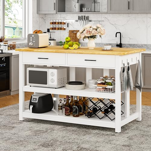 DynJest 47.3 Solid Rubberwood Kitchen Island with Power Outlets, White