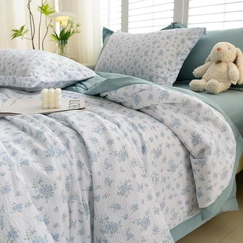 Hiseng Couette 1 Personne en Microfibre, Couette Imprimée Botanique Reversible pour 4 Saisons, Tempérée Duvet sans Housse 2 Personnes pour Adulte Enfant (Fleur Bleue,180x200cm)