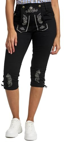 Bavarigo Kurze Jeans Damen Trachtenjeans im Lederhosen Look - Kurze Hose Damen - Kniebund Hose für Oktoberfest und andere Festlichkeiten - Bequeme Passform Dank Stretch Einsatz - Denim Schwarz - S