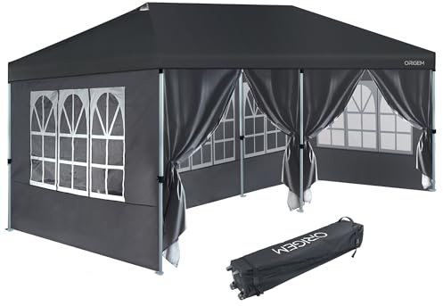 Origem Pavillon 3x6m mit 4 Seitenwänden, Pop Up Faltpavillon wasserdicht stabil winterfest,Partyzelt Gartenpavillon faltbar UV Schutz 50+,Höhenverstellbar Tasche mit Rädern für Camping, Grill, Outdoor