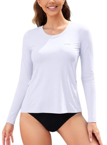 SHEKINI Maillot de Bain Rashguard Femme à Manches Longues pour Surf Natation Séchage Rapide Haut de Maillot de Bain Tee Shirt Protection UV avec Poches
