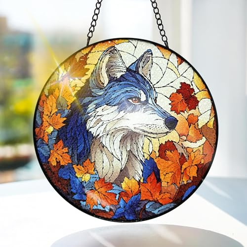 Bimkole Wolf Stained Glass Suncatcher Window Hanging - Animals Design for Indoor Window or Doorway Decoration - Sun Catcher Decor for Birthday for Women, Men, Wife, Lovers, and Mom 20x20 cm