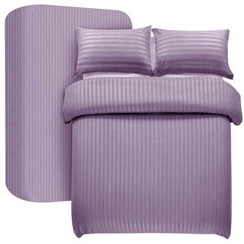 My home store 4 Pcs Satin Stripe Duvet Cover with Fitted Sheet 30 CM Deep & 2 Pillow Cases - King Duvet Cover Set Soft Brushed Microfiber Bedding Set (Lavender)
