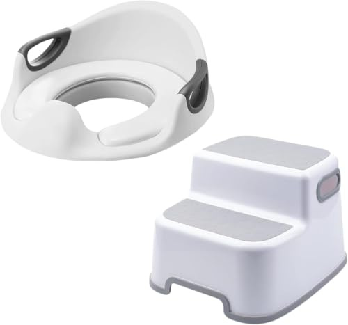 VIROSA Toilet Training Set – 2 Step Stool + Potty Training Seat with Handles & Backrest – Non-Slip, Safe & Sturdy for Toddlers, Boys & Girls – Fits Round & Oval Toilets – Unisex White (White)