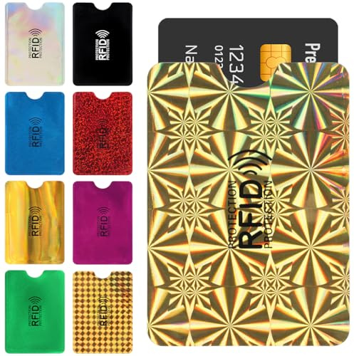 SWKJ 9 x RFID-Kartenhalter, bunte RFID-blockierende Hüllen für Damen und Herren, eine Karte schützt die gesamte Brieftasche/Geldbörse für Ausweise, Bankkarten, Kreditkarten (9,1 x 6,2 cm)