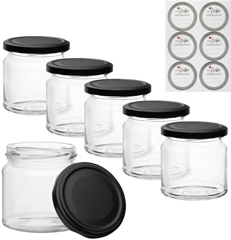 GASSERO Einmachgläser 210 ml 6er Set mit Deckel schwarz matt & Etiketten – 6 Vorratsgläser mit Schraubdeckel TO66 – kleine Gläser zum Einmachen, Marmelade, Honig, Chutney & Geschenkideen aus der Küche