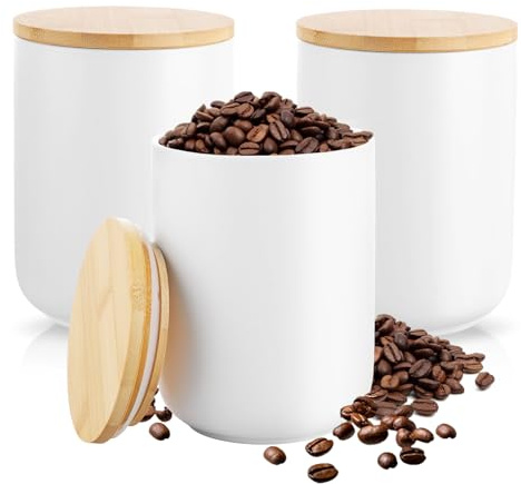 MEIDIV Set of 3 800ml Tea Sugar Coffee Canisters White, Ceramic Tea Coffee Sugar Containers, Kitchen Storage Containers with Bamboo Lid