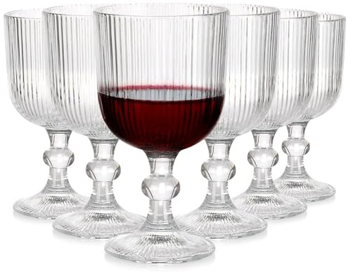 Vilde Juego de 6 copas de vino de 340 ml, cristal estriado, transparentes, para vino tinto, vino blanco, postres, apto para lavavajillas