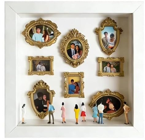 Mini caja de silueta de museo, kit de exhibición de recuerdos con mini figuras y marcos dorados, decoración de recuerdo de fotos personalizada para aniversario, boda y decoración del hogar (blanco)
