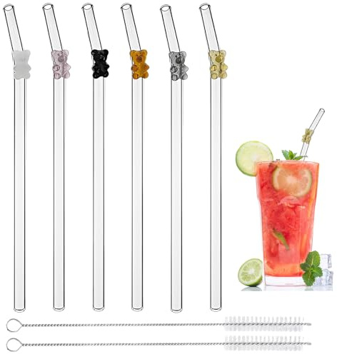 Reusable Glass Straws with Charms, 7.9'' x 8mm Clear 8pcs Drinking Straws | 6 bent straws & 2 cleaning brushes, colorful bears charm, borosilicate glass, decorative charms for coffee milk juice