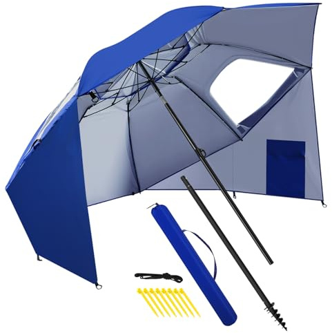 ISOISL Sonnenschirm Strand mit Drehkopf & Spiraldübel | Ultrakompakter Faltbarer Strandschirm Ø 240cm | Windstabiler UPF50+ Sonnenschutz für Strand, Camping und Garten | Dunkelblau