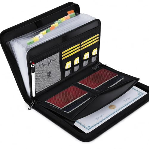GOOGO Bolsa ignífuga negra para documentos, carpeta A4 plegable tipo acordeón con asa y etiquetas, para pasaportes, contratos, certificados y documentos de viaje