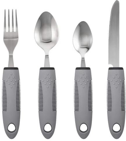 Set 4 Piezas Cubiertos Ancianos con Mango Engrosado Antideslizante (Gris) | Cubiertos Adaptados en Acero Inoxidable, Set de Utensilios Adaptativos para Temblores en las Manos, Artritis y Parkinson