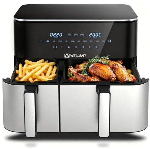 WELLENT 11L Airfryer 2 Kammern, 2600W Heißluftfritteuse XXL(4+7L),10-in-1 Heissluftfritteuse Doppelkammer Air fryer Dual Zone mit Touchscreen, Match & Sync-funktion, spülmaschinenfest
