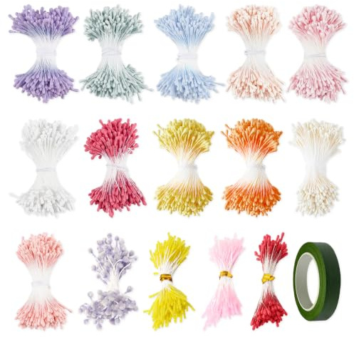 YiiHHooN 1441 Piezas de Estambres de Flores, 15 Colores Estambres Florales de Colores, con Cinta Verde y Cabezas Dobles Tipo Cuenta para Flores Artesanales Proyectos DIY y Ramos