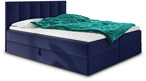 Sofnet Boxspringbett Star mit Topper, Bonell-Matratze und 2 Bettkästen, Doppelbett, Polsterbett, Bett, Bettgestell, Stilvoll, Schlafzimmer, Velour oder Webstoff (Dunkelblau (Kronos 09), 140 x 200 cm)