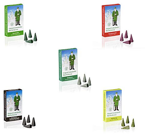 Crottendorfer Räucherkerzen Weihnachts 5er Set - Tanne+ Waldmoose+Honig+Sandel+Weih.Weihrauch - 120 Stück - Größe: M - Made in Germany
