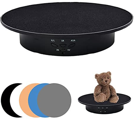 Electric Rotating Turntable for Photography, 90/180 Degree Motorized Rotating Stand Display Table for Live Video Automatic Revolving Platform with 5 Backgrounds for Jewelry, Watch, Perfume (Black)