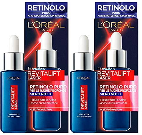 2x L'Oréal Paris Revitalift Laser Siero Notte con Retinolo Puro Riduce le Rughe per un Aspetto più Giovane Risultato in 16 Settimane - 2 Flaconi da 30ml