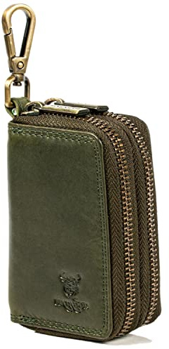 MATADOR Sac pour Clef Etui à Clé en Cuir Véritable | Porte Clés avec Double Femeture Éclair en Métal et Mousqueton | Mini Pochette Rangement Protection Organiseur Clef avec Boîte Cadeau | Vert