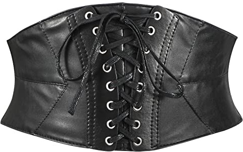 WERFORU Women Tied Waspie Belt Lace-up Corset Belt Retro Elastic Wide Belt, Soft Leather Stretchy Cinch Belt Black