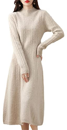 Hamthuit Damklänningar kashmir tröja stickad lång klänning ull dam kläder polokrage kontorskjol höst vinter, BEIgE, M
