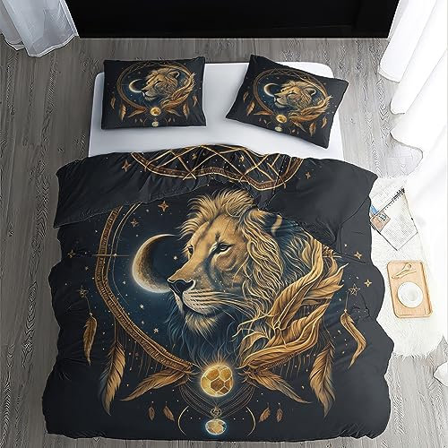 ZDABAOEC Löwe Bettwäsche 140x200, Traumfänger Bettbezug 2er Set, 110gsm Microfaser Wendebettwäsche mit Reißverschluss, 1 Kopfkissenbezug 70x90, Weich Kuschelig Bügelfrei