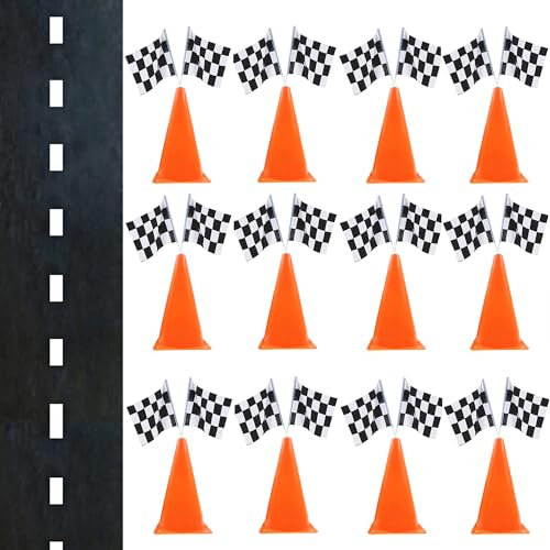 YOELVN 7inch Orange Racing Traffic Cones With Holes on Top,Checkered Flags,Racetrack Floor Runner,Race Car Birthday Party Supplies,Racing Car Table Centerpiece Decorations 38PCS