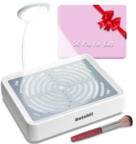 Rolokit Colector de polvo de uñas con lámpara y 50 filtros desechables y cepillo de polvo, aspiradora eléctrica de uñas, ventilador de polvo, máquina de succión para manicura, esmalte de uñas de gel