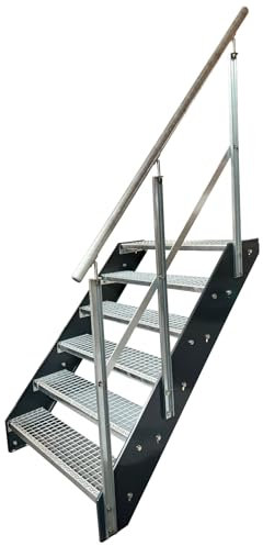 Kaminbau Mierzwa Premium Stahl Treppe mit verzinktem Geländer Rechts/Wangen Anthrazit RAL 7016/6 Stufen verzinkt (Breite 1000 mm) (Höhe 114 cm) Wetterfest Gitterroststufe Gartentreppe