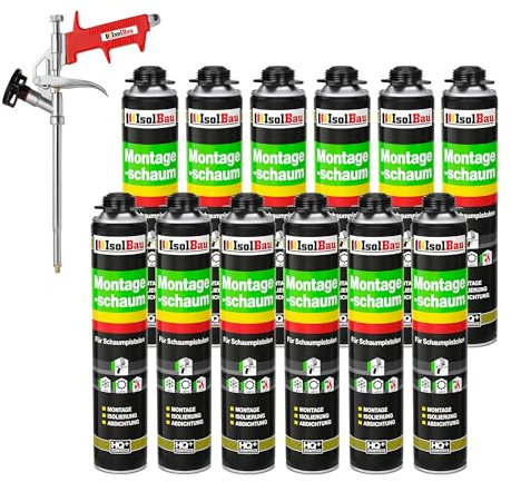Isolbau Bauschaum-Set - Inkl. 12 x 1K Montageschaum B2 Pistolenschaum mit hervorragender Schall und Wärmedämmung (je 750 ml) & 1x Schaumpistole, Abdichten