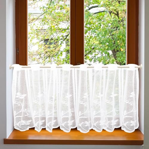 ZOLGINAH Tende Cucina Bianco con Occhielli,Tende per Finestre Semitrasparenti Con Delicati Motivi Farfalla,Tende Corte Bianco per Arredare la Casa di Campagna Del Bistrot 105x60CM(BxH) 1pc