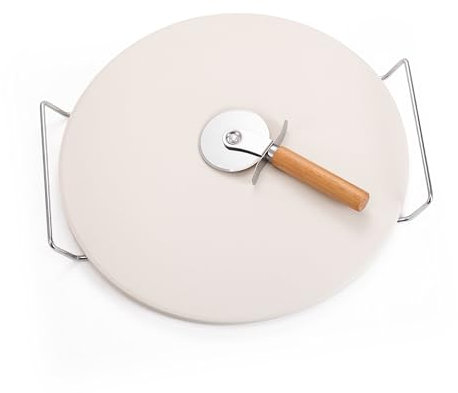 Fusion Food Pizza Stone Set with Pizza Cutter Wire Rack & Handle Multipurpose Cordierite Grilling Stone Perfect for Oven Grill BBQ 33CM Round Bread Baking Stone Board Perfect Heat Distribution