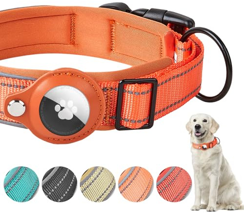 Boloshine AirTag Hundehalsband, Verstellbares Reflektierend Halsband Hund, Integriertes Apple Air Tag Hundehalsband Weich Gepolstertes für Große Mittelgroße Kleine Hunde (Orange, S)