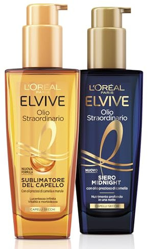 L'Oréal Paris Elvive Kit per Capelli Secchi con Olio Sublimatore del Capello per il Giorno, e Siero Midnight per la Notte, Lucentezza Straordinaria e Nutrimento Intenso, Olio Straordinario