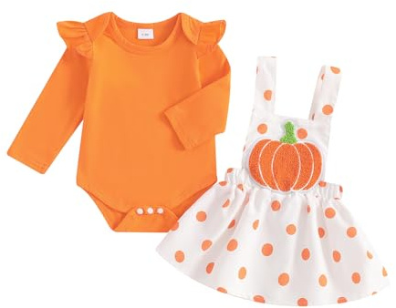 Siyova Completo Neonata Halloween 2 Pezzi Tuta Elegante Pagliaccetto Manica Lunga Stampa Fantasma/Zucca+Gonna con Bretelle Abito Bambine 0-18Mesi (Arancione, 6-12 Months)