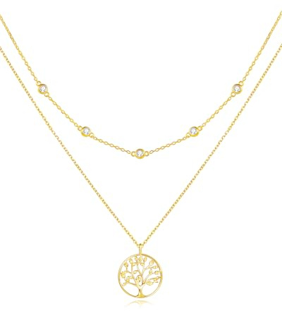 FANCIME Layered Kette Damen mit Anhänger, 14K Weißgold Vergoldet Personalisierte Zarte Mehrreihige Halskette, 925 Sterling Silber Halskette Schmuck für Damen Mädchen